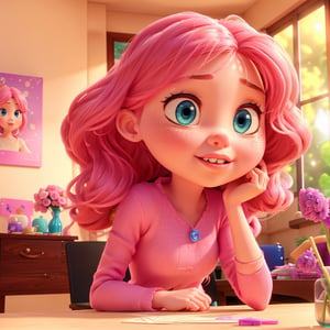 a girl eating a pink frosted donut, detailed facial features, bright blue eyes, long eyelashes, full red lips, cute expression, messy pink hair, soft lighting, delicate pastel colors, (best quality,4k,8k,highres,masterpiece:1.2),ultra-detailed,(realistic,photorealistic,photo-realistic:1.37),intricate details,warm color tones,natural lighting,vibrant colors,soft focus,highly detailed,cinematic lighting

