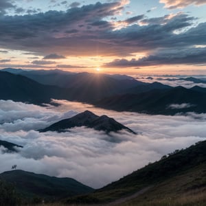 detailed mountains landscape, dramatic sunset sky, detailed clouds, soft pastel colors, beautiful detailed eyes, beautiful detailed lips, extremely detailed face, long eyelashes, elegant pose, magical atmosphere, (best quality,4k,8k,highres,masterpiece:1.2),ultra-detailed,(realistic,photorealistic,photo-realistic:1.37),vibrant colors,cinematic lighting,digita