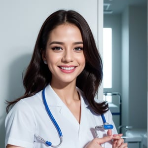 a beautiful young nurse, detailed eyes, detailed lips, extremely detailed face, longeyelashes, cute smile, caring expression, white medical uniform, holding a stethoscope, hospital interior, clean and bright, warm lighting, (best quality,4k,8k,highres,masterpiece:1.2),ultra-detailed,(realistic,photorealistic,photo-realistic:1.37),digital painting, cinematic lighting, vibrant colors