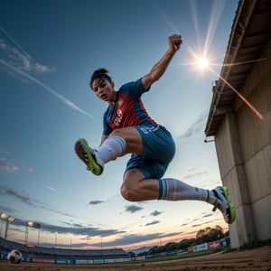 realistic sports photography, 1 soccer player, dynamic action pose, powerful kick, mid air, motion blur, dramatic lighting, cinematic composition, wide angle lens, ultra-detailed, (best quality,8k,highres,masterpiece:1.2),extremely detailed,photorealistic,vivid colors,professional