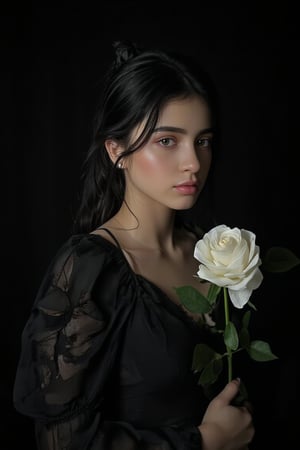 ((masterpiece, best quality)),best aesthetic,1girl, solo, long hair, black dress, flower, ribbon, black background, black hair, rose, hair ribbon, green eyes, long sleeves, white rose, closed mouth, black ribbon, upper body, cinematic lighting