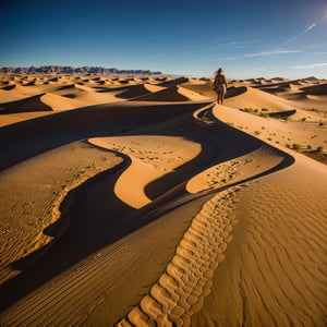 a vast desert landscape, towering sand dunes, a warm golden sunset, an oasis in the distance, a lone figure navigating the dunes, barren yet beautiful terrain, shifting sands, a sense of isolation and tranquility, an otherworldly atmosphere, minimalistic composition, soft and warm color palette, dramatic light and shadows, textured sand patterns, a feeling of endlessness, a touch of mystery and exploration, fine art photography, high resolution details, realistic and immersive experience