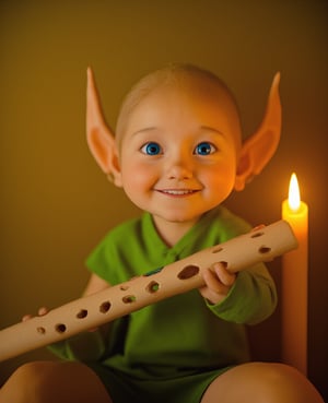 A whimsical portrait of an ELF: A tiny, pointy-eared being with a mischievous grin, dressed in a vibrant green tunic and matching leggings, against a warm golden background. The elf's bright blue eyes sparkle with playfulness as they hold a delicate wooden flute, its intricate carvings glowing softly under the soft light of a nearby candle.