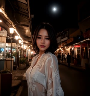 masterpiece, best quality, miranda, (halfbody shot,street lamps,moon),Masterpiece, 1girl, solo exhibition, beautiful woman on the bustling street, surrounded by hawkers, beautiful goddess girl portrait, beautiful and detailed face, porcelain skin, (((bust shot, center, night, black hair, short hair)), super soft lighting, symmetry, complexity, elegance, high detail, realism, art, concept art,1 girl