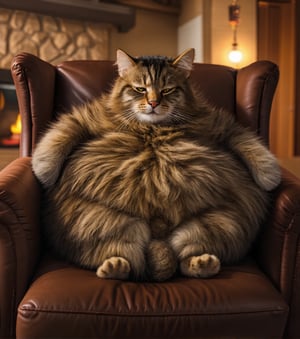 A fat, pot bellied cat with messy fur, a slob, sitting in a recliner, drinking beer and eating potato chips, a slob, a fireplace, smiling bright auras of light in the background, sunlight details, depth of field, excellent details, charming, cartoon, cinematic light effect, charming, 3D, cute and whimsical, fantasy, bokeh, freehand drawing, digital painting, soft lighting, full-length character focus, 4K resolution, photorealistic rendering, high-quality details, vector image, photorealistic masterpiece, professional photography, floral background, isometry, bright vector, using cinema,chibi