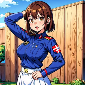 anime girl with a  badge on her shoulder, anime maid  ss military, fujita goro!, anya from spy x family, anime girl named lucy, happy!!!, she has long black brown hair, marin kitagawa fanart, rena nounen style 3/4, ecchi anime style, nazism, anime best girl, umaru-chan,girl