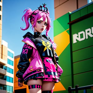araffe girl with pink hair and a crown on her head, dressed in punk clothing, dressed in crustpunk clothing, anime girl cosplay, cybergoth, wearing a punk outfit, kerli koiv as anime girl, 1 7 - year - old anime goth girl, belle delphine, anime cosplay, with pink hair, anime girl in real life, punk girl