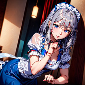 ((16 Nights Sakiya)), ((Touhou Project)), Cosplay, 20-year-old woman, (((gray hair)), ((medium spiky hair)), ((blue maid outfit)), ((white blouse)), midchest, (light)))), (pose))), (photorealistic photo), rim lighting, (high detail skin), 8K UHD, dslr, high quality, high resolution, 4K, 8K, Bokeh, Absurdity, Best ratio four fingers and one thumb, (Real), Cutest 1 Girl, Lots of Knives