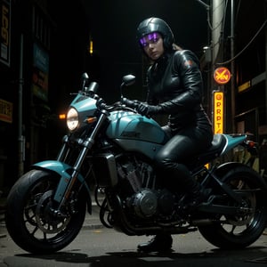 A detailed cyberpunk motorcycle, chrome and neon, futuristic design, dynamic pose, dramatic lighting, glowing details, intricate mechanical parts, depth of field, hyper-realistic, cinematic composition, vibrant colors, neon signs in the background, moody atmosphere