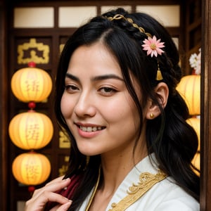 Masterpiece, best, night, full moon, 1 female, mature woman, Chinese style, ancient China, elder sister, royal sister, smile, dark brown hair, dark hair, princess cut, braid, curly hair, double ball head, pale pink Lips, calm, intellectual, medium hair, green pupils, hairpin, hydrangea, delicate face, face close-up, hand close-up