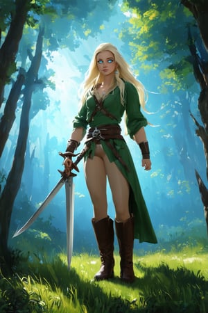 A beautiful detailed fantasy landscape, a young woman with long flowing blonde hair, piercing blue eyes, delicate facial features, wearing a green tunic and brown leather boots, standing in a lush forest clearing, holding a mystical sword, sunlight filtering through the trees, (best quality,4k,8k,highres,masterpiece:1.2),ultra-detailed,(realistic,photorealistic,photo-realistic:1.37),fantasy art,digital painting,cinematic lighting,dramatic shadows,vibrant colors,intricate details