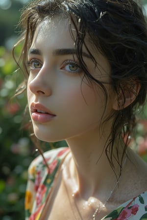 a low angle shot of a beautiful girl, girl looking up, detailed face, intricate hairstyle, detailed eyes, detailed lips, porcelain skin, delicate features, floral dress, lush garden background, natural lighting, cinematic, moody, dramatic, masterpiece, photorealistic