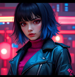 (masterpiece,detailed,highres:1.4) , model shot, close up, detailed face, fine detailed eyes,, (kirishima touka),blue middle hair,ghoul eye,retro jacket,Tokyo Ghoul,retrofuturism background, vibrant colours, hdr,, ,