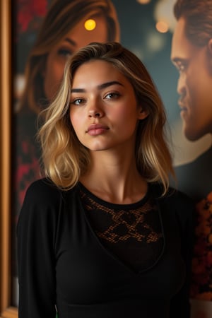  A young woman stands confidently against a movie poster backdrop, her gaze directed straight at the camera, exuding an air of confidence and allure, She wears a black top with a lace pattern, her features softly highlighted by even lighting, Off-center placement draws the viewer's eye towards her, while a subtle hint of a man in the background adds depth to the scene, The movie poster suggests a possible movie theater setting, 