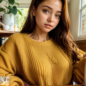 (best quality, masterpiece) high resolution illustration of a young girl covered in sticky natural honey, yellow, syrup, oversized sweater, comfy, cozy, close-up shot, detailed texture, delicious aroma, flavorful sensation, warm and appetizing,