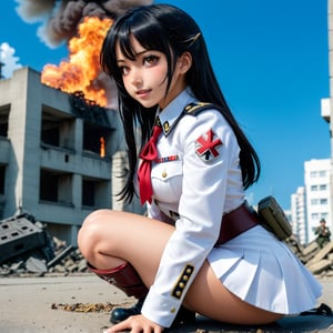 Masterpiece, top quality, ruined city and fire in the background, anime girl in uniform kneeling on the ground, white Nazi SS Militari, 4K manga wallpaper, BLEACH, Exterminator, Shalltear Bloodfallen, badass anime 8K, gapmoe yandere, yandere, albedo from Anime Overlord, creepy grin, crazy laugh, angled laughter at the corners of the mouth, black hair long hair, White miniskirt, white long-sleeved military uniform