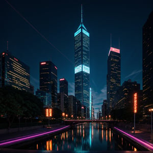 A futuristic night city with tall buildings and neon lights reflecting on a river flowing through the city, with holographic people walking on the sidewalks and spaceships flying over the horizon