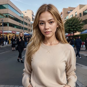 Portrait of a model woman with blond hair in a warm designer sweater, in the style of branded clothing, With the sweater in full view, Panasonic GH5, happy expressions, low key image, sharp texture - Image #2 @SlengSleng, CITY BACKGROUND,Masterpiece