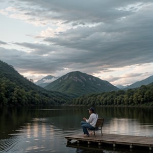 a person fishing by the lake, sitting on a wooden pier, holding a fishing rod, peaceful countryside landscape with mountains in the background, detailed clouds in the sky, golden hour lighting, realistic, photorealistic, photo-realistic:1.37, (best quality,4k,8k,highres,masterpiece:1.2),ultra-detailed,HDR,vivid colors,studio lighting,extreme detail description