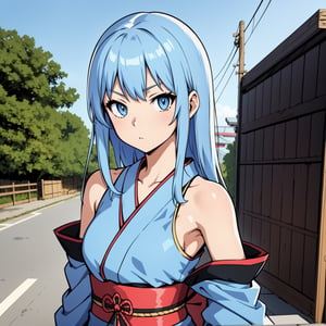 A anime high school girl, wear sexy kimono, short kimono, bare arms, bare back, bare shoulder, walking, long hair, light blue hair, look at viewer, blue eyes
