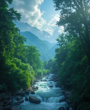 painting of a stream running through a lush green forest filled with trees, detailed painting 4 k, mountains river trees, anime landscape wallpaper, beautiful art uhd 4 k, anime countryside landscape, detailed scenery —width 672, beautiful digital painting, 4k highly detailed digital art, beautiful anime scenery, 8k high quality detailed art, anime nature wallpap, anime nature