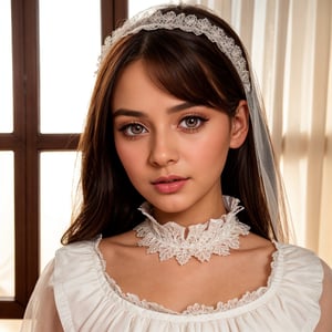 a maid wearing a cute and frilly maid outfit, beautiful detailed eyes, beautiful detailed lips, extremely detailed face, long eyelashes, beautiful maid headdress, high quality maid uniform, detailed frills and ribbons, intricate lace patterns, window lighting, photorealistic, 8k, high quality, masterpiece, detailed texture, warm color tones, soft lighting, delicate and elegant