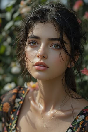 a low angle shot of a beautiful girl, girl looking up, detailed face, intricate hairstyle, detailed eyes, detailed lips, porcelain skin, delicate features, floral dress, lush garden background, natural lighting, cinematic, moody, dramatic, masterpiece, photorealistic