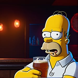 A drunk Homer Simpson sitting at a bar, overweight beer belly, slouched posture, messy hair, 5 o'clock shadow, holding a beer glass, neon bar lighting, smoke-filled room, grunge bar interior, warm color tones, realistic detailed rendering, highly detailed, cinematic lighting, photorealistic, 8k