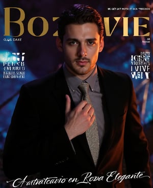 A stunning magazine cover features a handsome man posing confidently in elegant attire. He wears a sleek black tuxedo with a crisp white shirt and a patterned tie, exuding sophistication. His chiseled features are lit by a warm golden glow, highlighting his piercing blue eyes and strong jawline. The camera frames him from the chest up, emphasizing his broad shoulders and chiseled physique. The background is a subtle gradient of dark blues and purples, adding depth to the composition. The title daily theme in bold font dominates the top half of the cover, while the tagline Atractivo en Ropa Elegante curves around the bottom edge, drawing attention to the magazine's focus on stylish men's beauty.