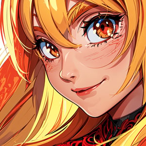 woman's face, long blonde hair, smiling, sun is red, (digital painting, concept art, smooth, sharp focus, intricate details, close-up, masterpiece: 1.2)