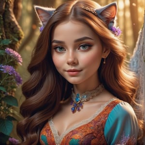  A beautiful girl with a cute cat, elegant dress, long flowing hair, detailed facial features, intricate lace pattern on dress, warm lighting, magical fantasy forest background, highly detailed, 8K, photorealistic, vibrant colors, dramatic composition
