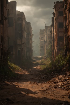 a desolate city, abandoned buildings, crumbling architecture, decaying infrastructure, overgrown vegetation, post-apocalyptic atmosphere, dramatic lighting, moody color palette, cinematic composition, (best quality,4k,8k,highres,masterpiece:1.2),ultra-detailed,(realistic,photorealistic,photo-realistic:1.37),dramatic shadows, gloomy sky, decrepit streets, rusting metal, shattered windows, dust and debris, sense of isolation, haunting ambience, atmospheric haze, melancholy tone, forgotten civilization