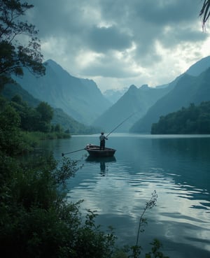 a fisherman fishing in a tranquil lake, intricate details, beautiful scenery, serene atmosphere, (best quality,8k,highres,masterpiece:1.2),ultra-detailed,(realistic,photorealistic,photo-realistic:1.37),HDR,UHD,studio lighting,extreme detail description,professional,vivid colors,landscape,natural lighting,beautiful reflections on water,dramatic cloudy sky,lush green foliage,old wooden boat,fishing rod with line in water,fisherman wearing traditional hat and clothes