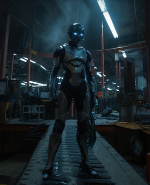 A futuristic robot with a sleek metallic body and glowing blue eyes, standing tall in a dimly lit factory setting. The industrial backdrop features rows of machinery and conveyor belts, with shafts of light illuminating the scene from above. The robot's pose is confident, with one hand resting on its hip and the other holding a small toolbox.