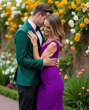 A warm and intimate moment is captured as the man and woman share a tender hug. The woman's bright purple pencil dress stands out against the soft colors of the garden, while the man's elegant attire exudes sophistication green. In the background, a lush tapestry of yellow, white, orange, and pink flowers adds a pop of vibrancy to the scene, with delicate petals swaying gently in the breeze. The framing of the shot highlights the embracing couple, with the garden's beauty subtly filling the space around them.