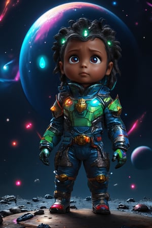 A 3D cartoon boy stands boldly in a dark, starry galaxy, his bright black skin glistening under the radiant light of a nearby planet. His vibrant blue and green spacesuit adorned with shiny metallic plates, he gazes up at the swirling cosmos with wonder and curiosity.