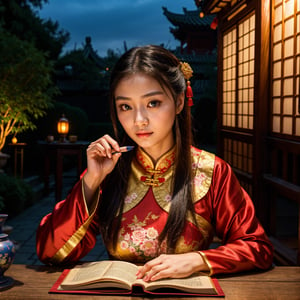 A photo of a beautiful girl in a traditional Chinese dress looking at ancient chinese book under lamp on a low table in garden surrounded by old walls in a peaceful night,((her right hold a pen and her left hand place on table)),((masterpiece)),realistic,4k,extremely detailed,((beautiful big eyes))