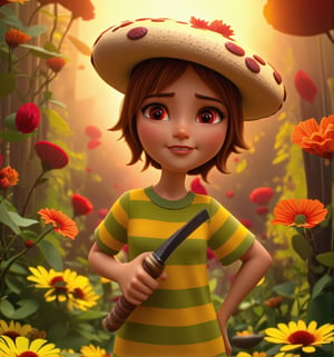 Red eyes, girl, holding a knife, yellow-green striped shirt with thicker stripes, red eyes glowing red, head tilted, short brown hair mushroom head, with a clear smile on his face, Chara, two-dimensional, standing among golden flowers with a ray of light above his head