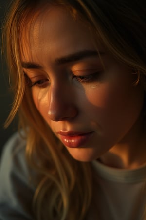 A sorrowful woman weeps uncontrollably, tears streaming down her face like a river. Soft focus, warm lighting illuminates the scene, capturing the anguish in her eyes. Her shoulders hunch forward, and her head tilts downward as she mourns, a single tear welling up at the corner of her eye, glistening like a tiny pearl.