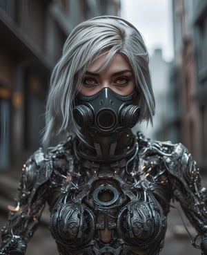 (masterpiece:1.2,high quality), 1girl, ((ultra realistic details)), global illumination, shadows, Unreal Engine, octane render, 8k, ultra sharp, metal, intricate, ornaments detailed, highly intricate details, yellow eyes, (mechanical body:1.2), white hair, (black gas mask), Gear, bob cut, hundreds of wires, Terran, (Robot, android:1.15), Apocalypse, broken buildings