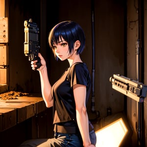 Photos, (Photorealistic: 1.4), (Hyperrealistic: 1.4), (Cinematic: 1.5), Woman in her 20s, Japan, Woman with a Gun, (Desert Eagle), Nikita, Night, Blue Light, Tension, Short Hair, Holding a Gun in Two Hands, Basement, Black T-Shirt, Electrical Cord on Wall, Water Pipe