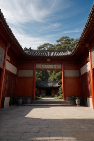 A painting depicting a person walking, with very detailed Chinese classical doors and plants, a mysterious background, layered sky, red and black, backlight, traditional Chinese landscape style, new tradition, Eastern style, James Turrell, plants are the history of Nagai, Fan Kuan's style, eerie reality, and cunning. I can't believe how beautiful this is. Symmetrical composition, grand scale, strong use of negative space, facing up, Single point perspective, realistic ultra details, 8k, high-definition