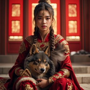 (A red and gold image of a young girl as a warrior woman, dressed in fine armor, with a large gray wolf next to her with it's head nestled on the girl's lap, in the background of an oriental-style scene), masterpiece, HDR, depth of field, wide view, bright background, raytraced, full length body, unreal, mystical, luminous, surreal, high resolution, sharp details, with a dreamy glow, translucent, beautiful, stunning, a mythical being exuding energy, textures, breathtaking beauty, pure perfection, with a divine presence, unforgettable, and impressive.