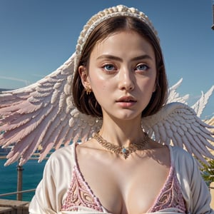 ((raw photo)), ((masterpiece)), anthropomorphic humanoid AngelGirl wearing white noble robe, intricate detail, futobot, intricate Greebles pieces, sky behind, pink, beautiful wings, detailed eyes and lips