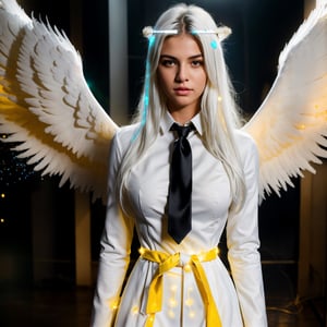 (masterpiece, best quality:1.3), (ultra-detailed:1.3), 1girl, solo, (white hair, messy hair, long hair), (angel wings, angel halo), flat chest, yellow eyes, (white shirt, black necktie, black coat, open coat), cowboy shot, cinematic lighting, (((glowing light particles))), (arms behind back), dynamic angle,