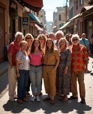 A vibrant street scene: A diverse group of women and men, aged randomly, with unique facial expressions and eclectic clothing ensembles, gather together to take a spontaneous photograph on a bustling street. Framed by crumbling brick facades and awnings, the group's mismatched styles - from bold patterns to casual wear - create a dynamic composition. Soft sunlight casts long shadows as they laugh, pose, and capture the moment.