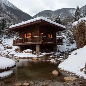 house in a mountain, river big, rocks with snow, sharp focus, insane detailed, 8k. 50-mm-lens