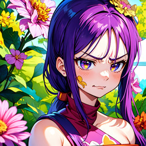 drawing of a woman with a flower on her face, anime styled, jojo anime style, detailed anime face, anime face, hisoka, highly detailed angry anime face, anime inspired, face anime portrait, angry look, stern look, pretty anime face, yayoi kasuma, anime style character, anime style portrait, portrait of hisoka hunter hunter