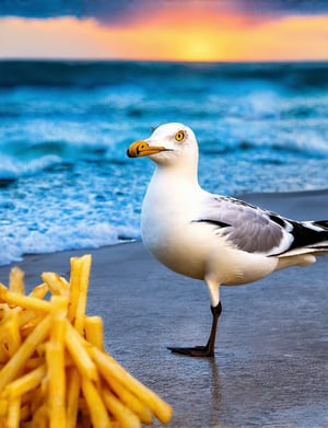 seagull, seagulls, fries, french fries, beach, coastal, ocean, seaside, waves, sunset, golden hour, beautiful detailed eyes, detailed feathers, detailed textures, intricate details, photorealistic, 8k, highly detailed, hyper realistic, cinematic lighting, dramatic lighting, vivid colors, stunning colors