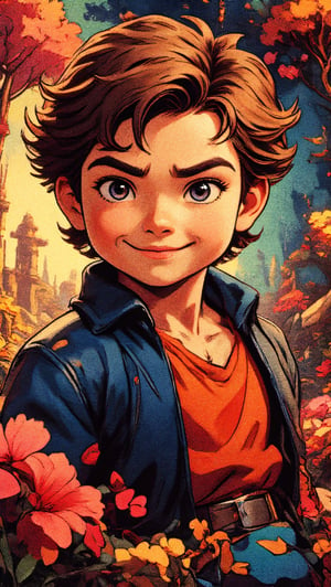 a cartoon boy with a cute chucky-like character, highly detailed, beautiful ghibli style, 8k, photorealistic, studio lighting, warm color palette, detailed facial features, expressive eyes, adorable smile, cute and whimsical expression, mischievous pose, playful atmosphere, complex background with natural elements, vibrant colors, soft lighting, fantasy elements